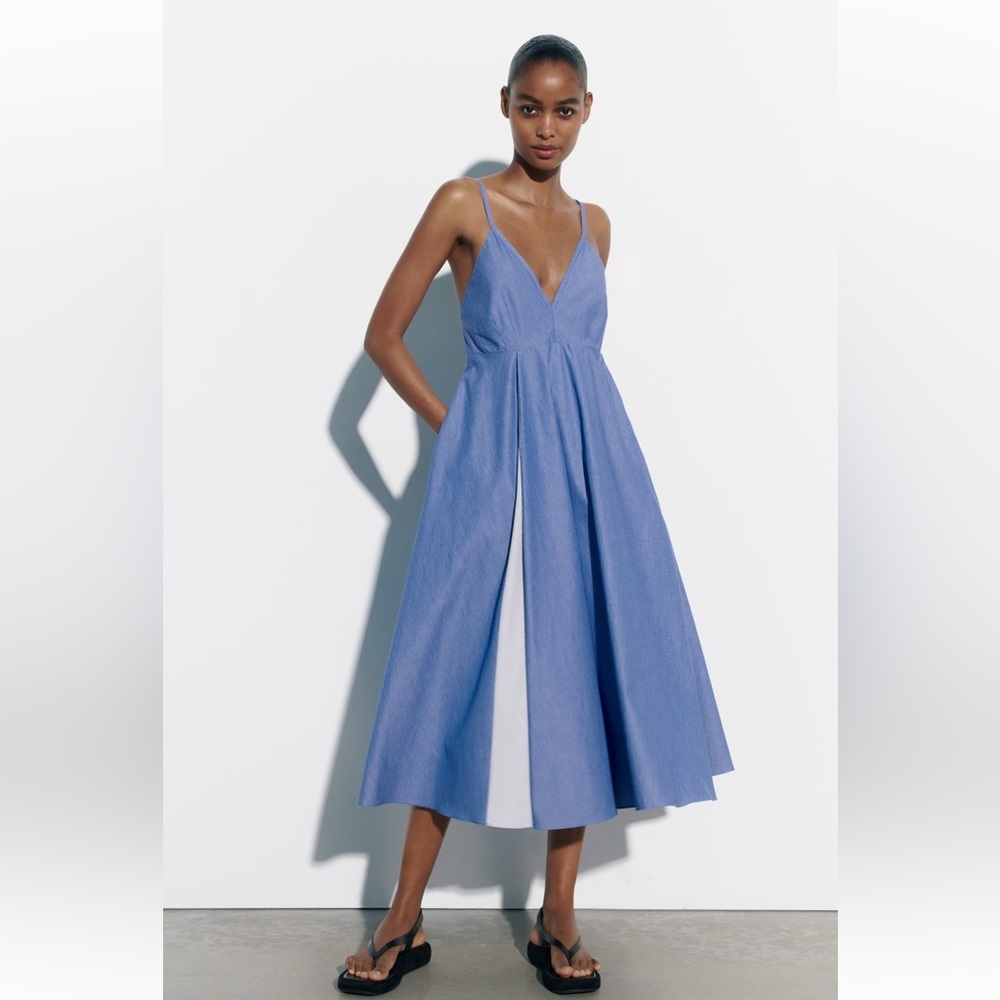 Zara STRIPED POPLIN DRESS. Blue. Size XS. New with Tags.